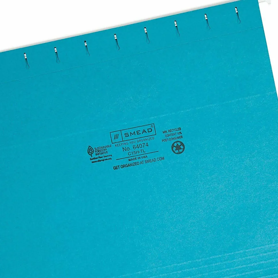 Smead® Hanging File Folders, 1/5-Cut Adjustable Tab, Letter Size, Teal, Box Of 25