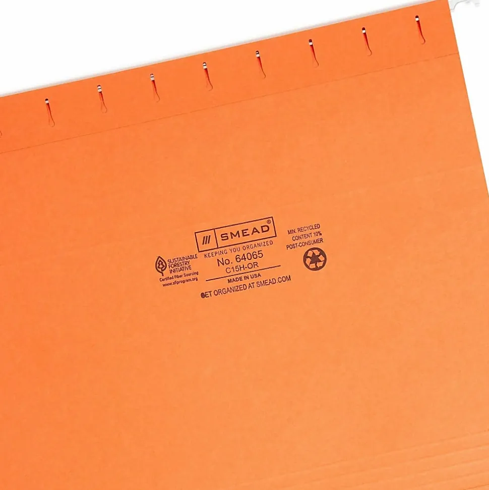 Smead® Hanging File Folders, 1/5-Cut Adjustable Tab, Letter Size, Orange, Box Of 25