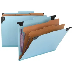 Smead® Hanging Pressboard Classification Folder With SafeSHIELD® Coated Paper Fastener, 2 Dividers, Letter Size, Blue