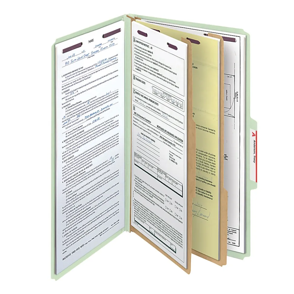 Smead® Pressboard Classification Folder With SafeSHIELD Fastener, 2 Dividers, Legal Size, 100% Recycled, Gray/Green
