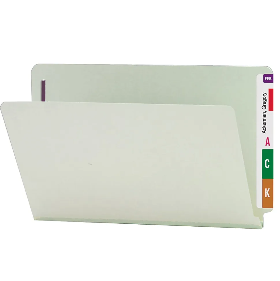 Smead® Pressboard End-Tab Folders With Fasteners, Straight Cut, 1" Expansion, Legal Size, Gray/Green, Pack Of 25