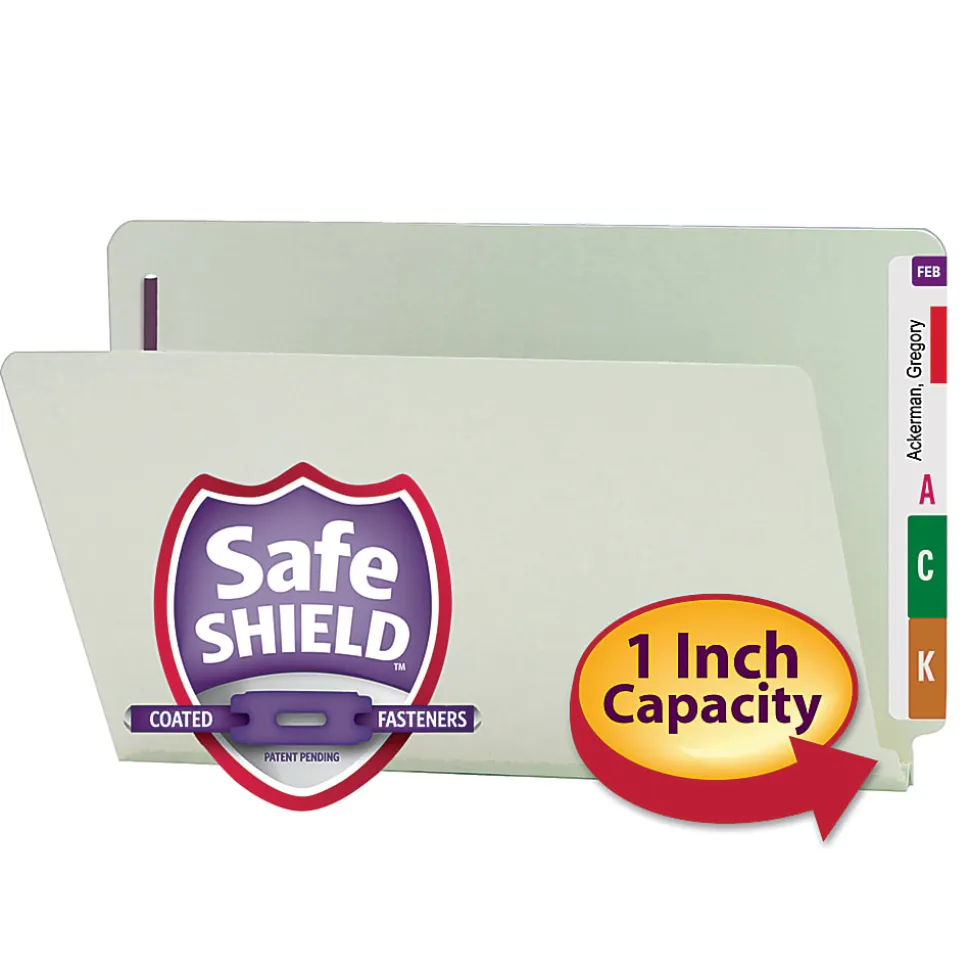 Smead® Pressboard End-Tab Folders With Fasteners, Straight Cut, 1" Expansion, Legal Size, Gray/Green, Pack Of 25