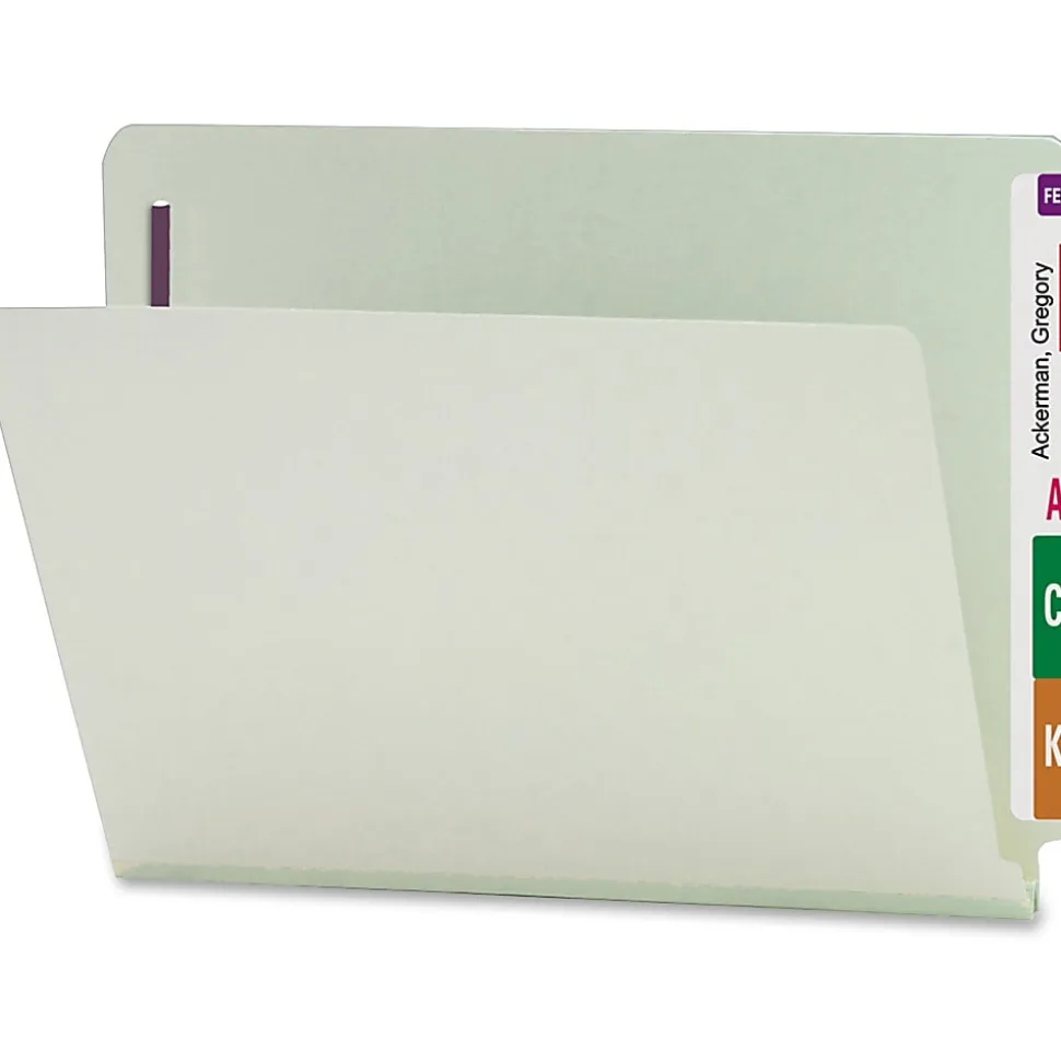 Smead® Pressboard End-Tab Folders With SafeSHIELD Fastener, Straight Cut, 1" Expansion, Letter Size, Gray/Green, Pack Of 25