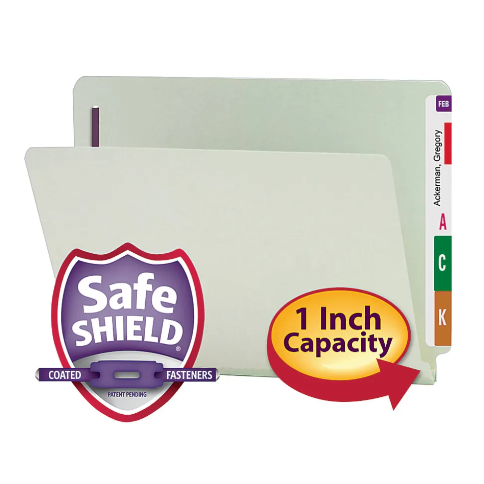 Smead® Pressboard End-Tab Folders With SafeSHIELD Fastener, Straight Cut, 1" Expansion, Letter Size, Gray/Green, Pack Of 25