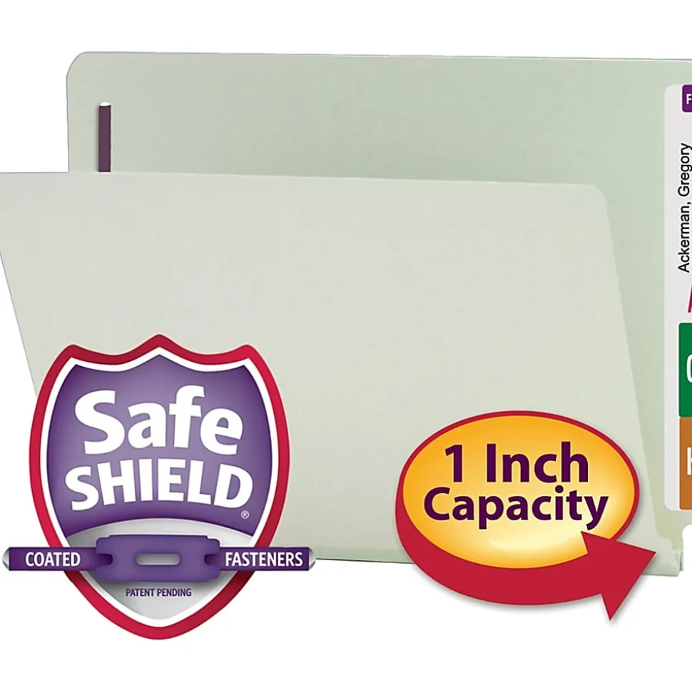 Smead® Pressboard End-Tab Folders With SafeSHIELD Fastener, Straight Cut, 1" Expansion, Letter Size, Gray/Green, Pack Of 25