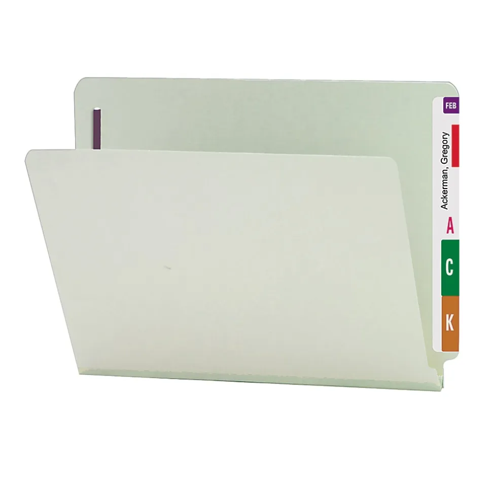 Smead® Pressboard End-Tab Folders With SafeSHIELD Fastener, Straight Cut, 1" Expansion, Letter Size, Gray/Green, Pack Of 25