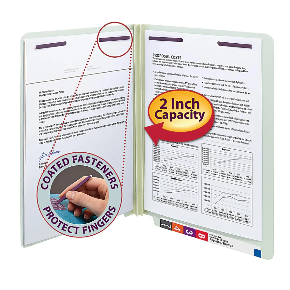 Smead® Pressboard End-Tab Folders With SafeSHIELD Fastener, Straight Cut, 2" Expansion, Letter Size, Gray/Green, Pack Of 25