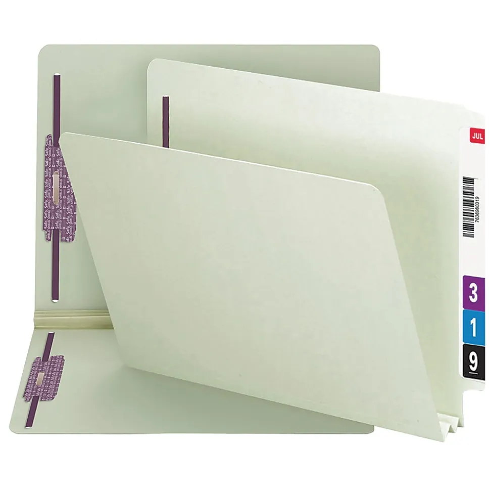 Smead® Pressboard End-Tab Folders With SafeSHIELD Fastener, Straight Cut, 2" Expansion, Letter Size, Gray/Green, Pack Of 25