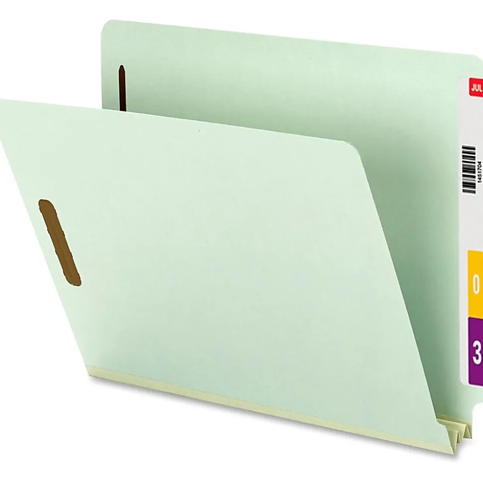 Smead® Pressboard End-Tab Folders With SafeSHIELD Fastener, Straight Cut, 2" Expansion, Letter Size, Gray/Green, Pack Of 25