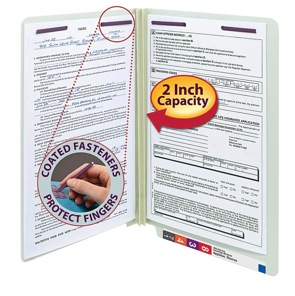Smead® Pressboard End-Tab Folders With Fastener, Straight Cut, 2" Expansion, Legal Size, Gray/Green, Pack Of 25