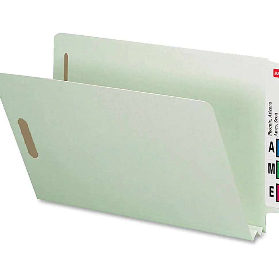 Smead® Pressboard End-Tab Folders With Fastener, Straight Cut, 2" Expansion, Legal Size, Gray/Green, Pack Of 25