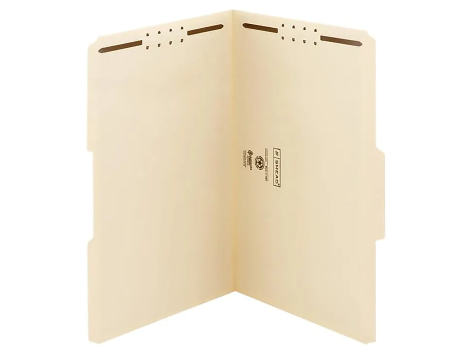 Smead® Reinforced Tab Fastener Folders With Two Fasteners, 1/3-Cut Tab, 8 1/2" x 14", Legal, Manila, Box of 50 (19537)