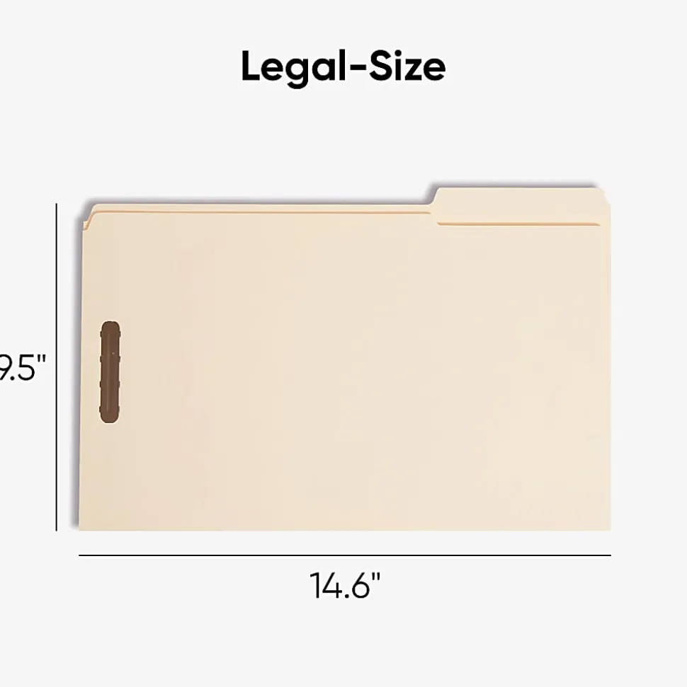 Smead® Reinforced Tab Fastener Folders With Two Fasteners, 1/3-Cut Tab, 8 1/2" x 14", Legal, Manila, Box of 50 (19537)