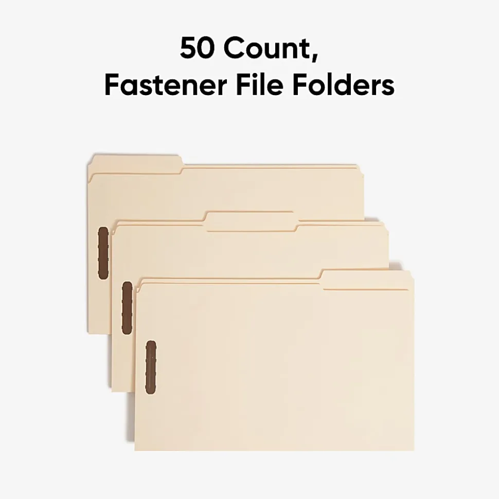 Smead® Reinforced Tab Fastener Folders With Two Fasteners, 1/3-Cut Tab, 8 1/2" x 14", Legal, Manila, Box of 50 (19537)