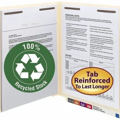 Smead® Shelf-Master® End-Tab Fastener Folders, Straight Cut, Letter Size, 100% Recycled, Manila, Pack Of 50