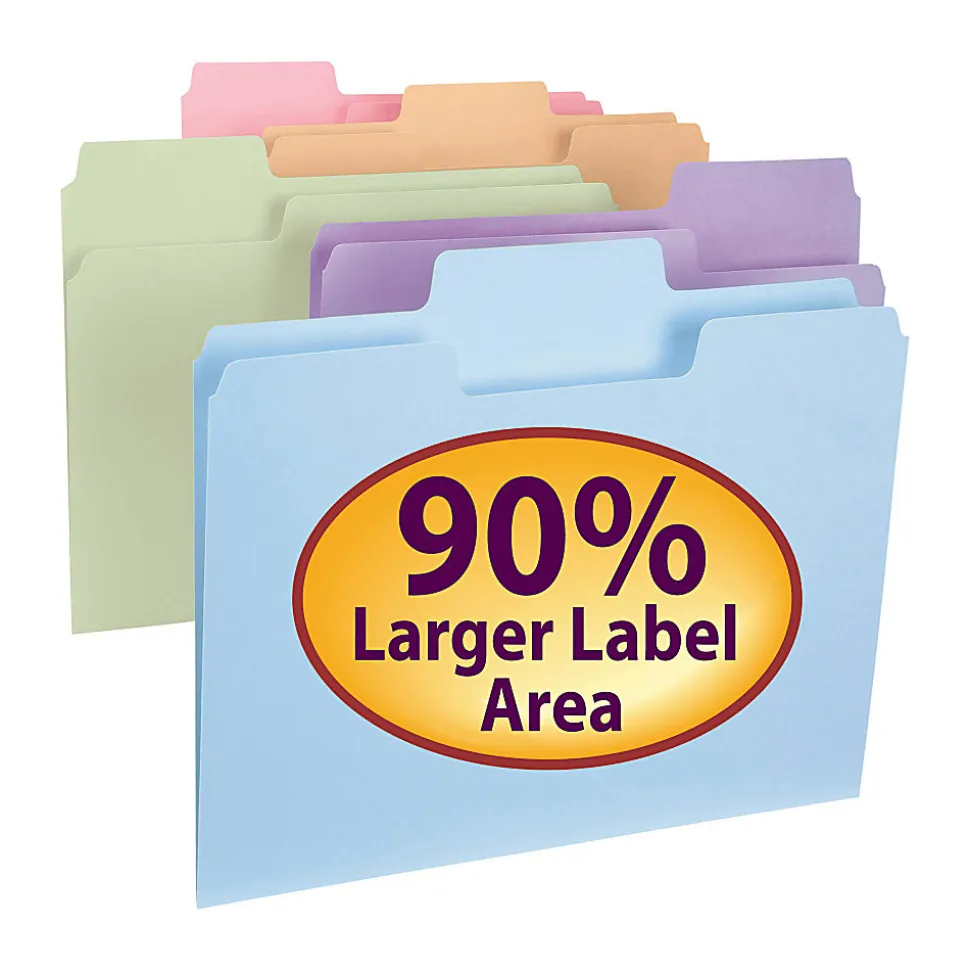 Smead® SuperTab® File Folders, Letter Size, 1/3 Cut, Assorted Pastel Colors, Box Of 100