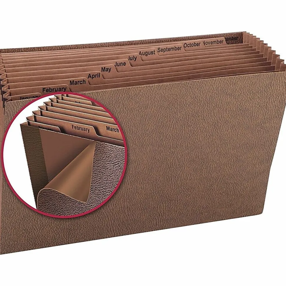 Smead® TUFF® Expanding File With Open Top, 12 Pockets, Monthly, 15" x 10", Legal Size, 30% Recycled, Brown