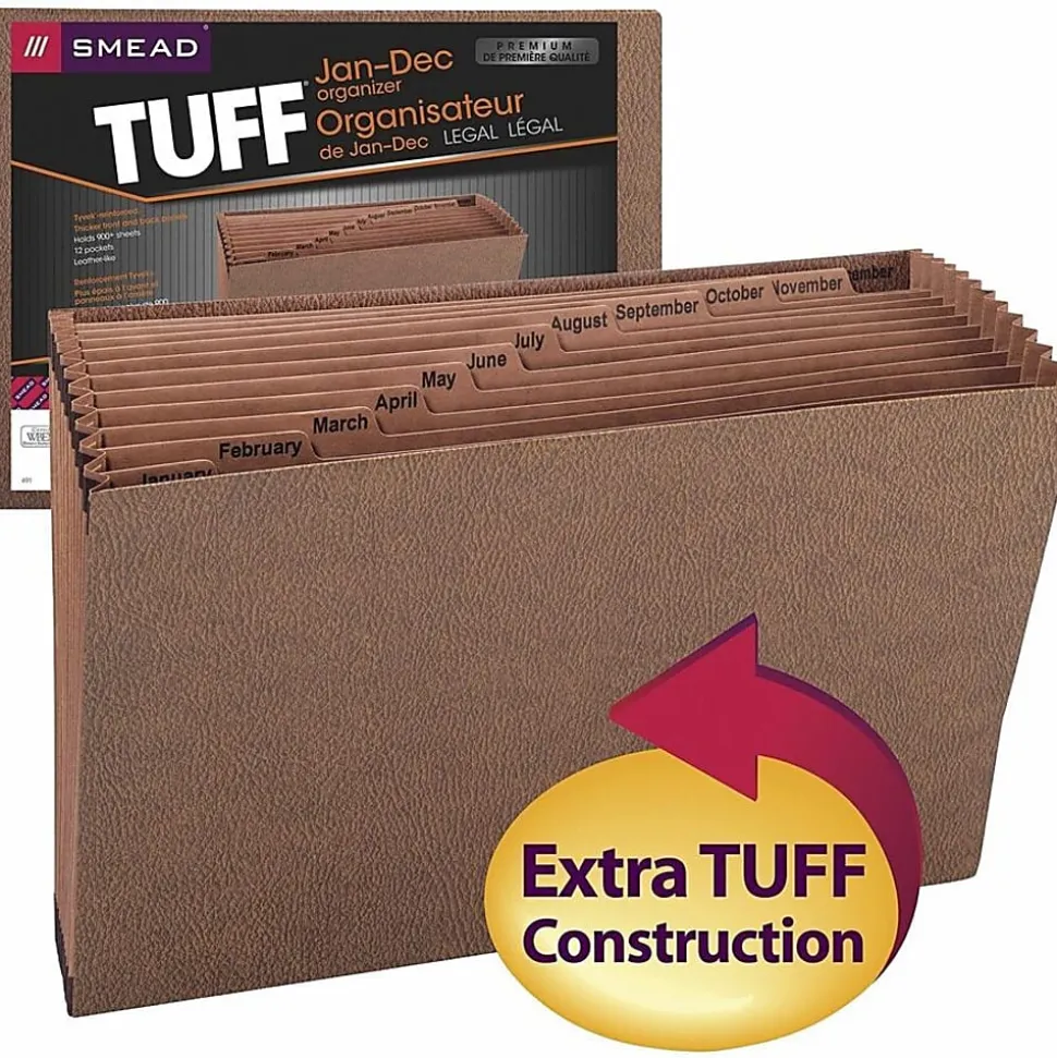 Smead® TUFF® Expanding File With Open Top, 12 Pockets, Monthly, 15" x 10", Legal Size, 30% Recycled, Brown