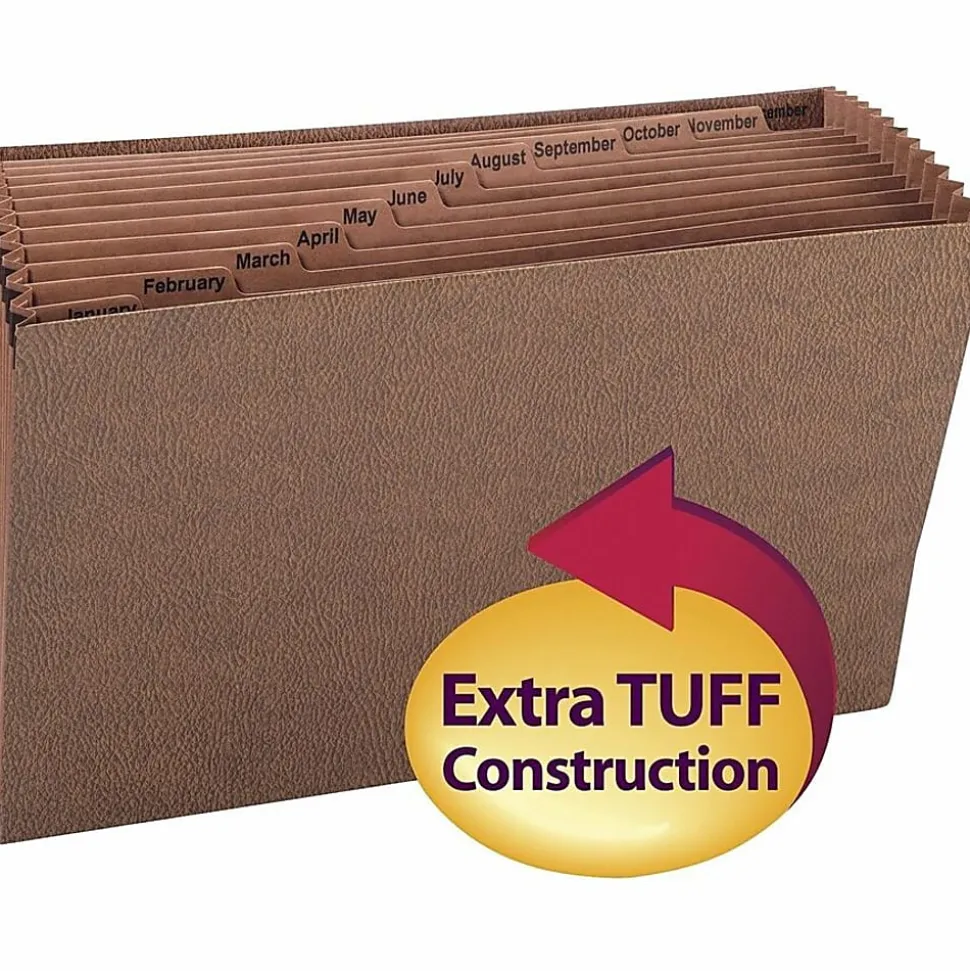 Smead® TUFF® Expanding File With Open Top, 12 Pockets, Monthly, 15" x 10", Legal Size, 30% Recycled, Brown