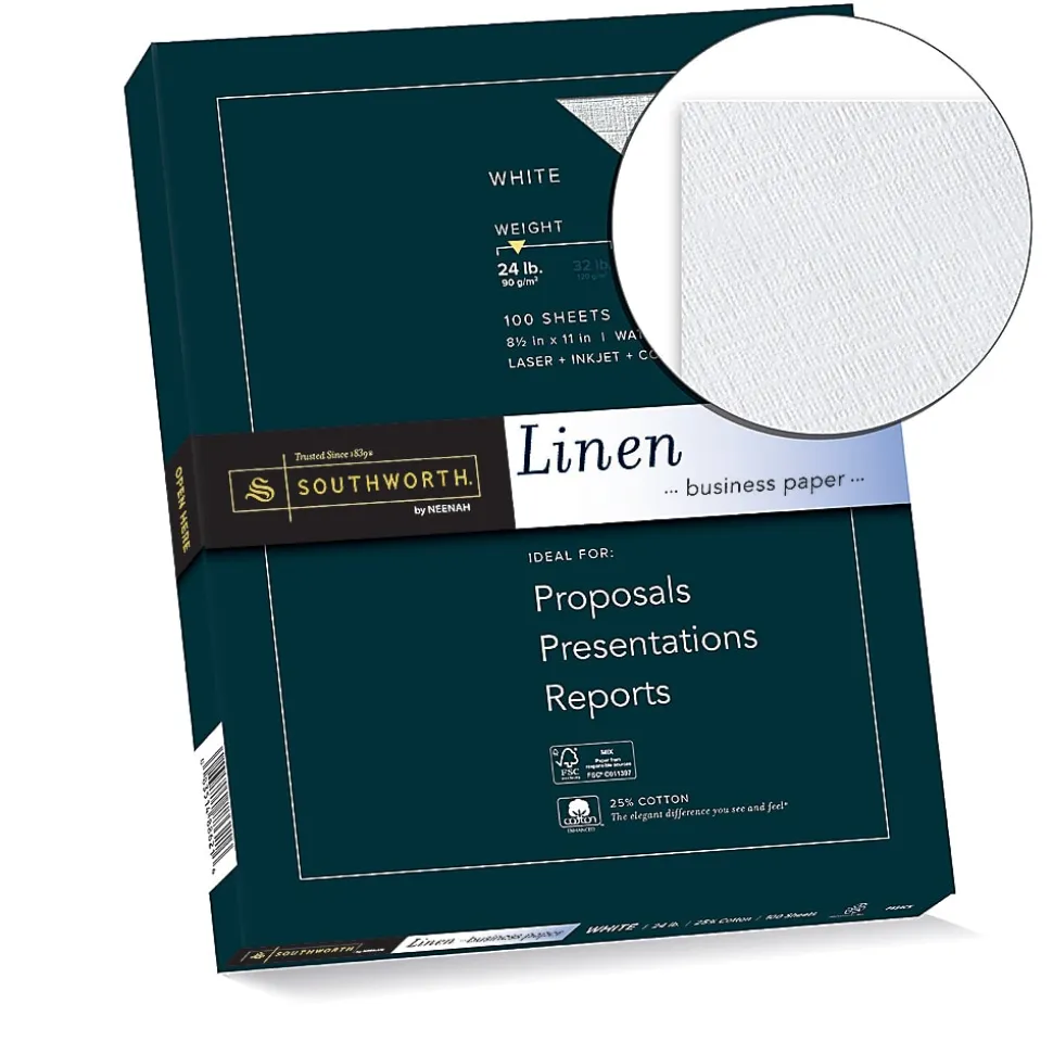 Southworth® 25% Cotton Linen Business Paper, White, Letter (8.5" x 11"), 100 Sheets Per Pack, 24 Lb, 94 Brightness