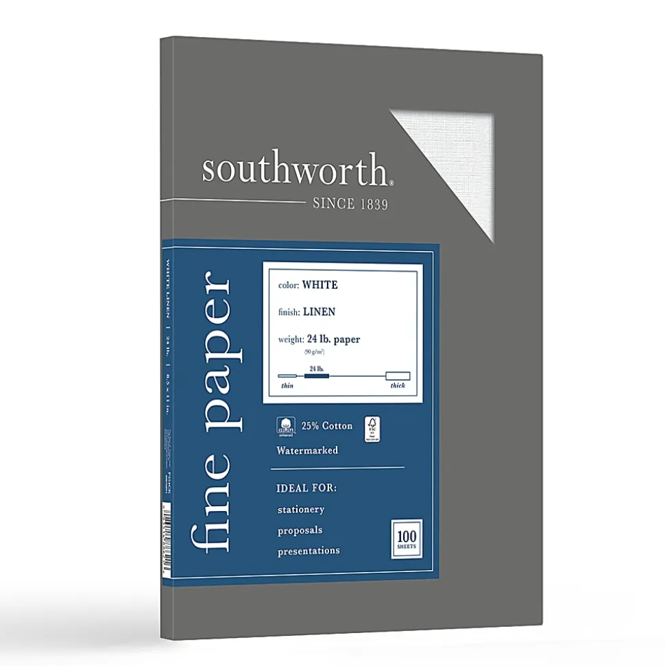 Southworth® 25% Cotton Linen Business Paper, White, Letter (8.5" x 11"), 100 Sheets Per Pack, 24 Lb, 94 Brightness
