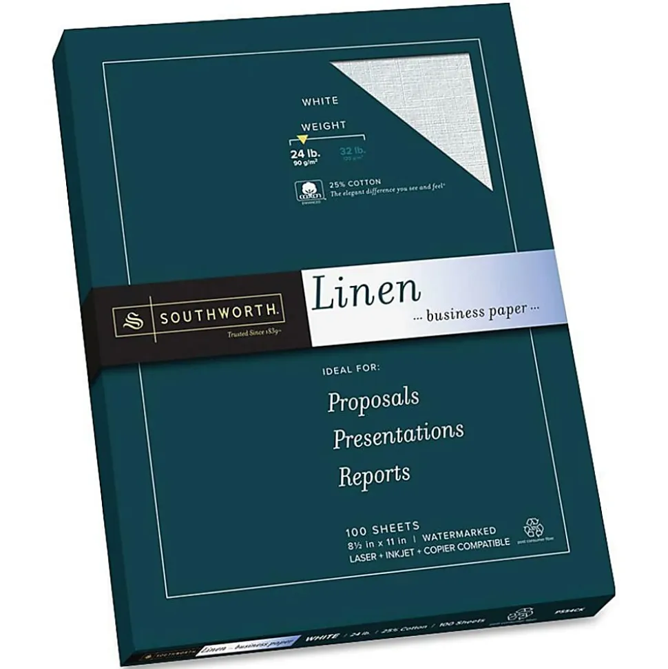 Southworth® 25% Cotton Linen Business Paper, White, Letter (8.5" x 11"), 100 Sheets Per Pack, 24 Lb, 94 Brightness