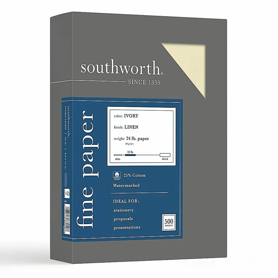 Southworth® 25% Cotton Linen Business Paper, Ivory, Letter (8.5" x 11"), 100 Sheets Per Pack, 24 Lb, 94 Brightness