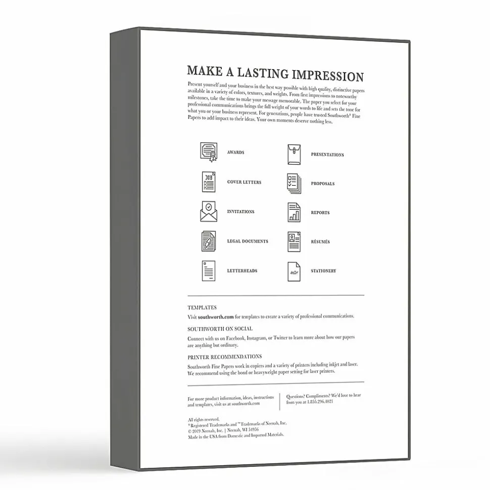 Southworth® Cotton Linen Business Multi-Use Printer & Copy Paper, White, Letter (8.5" x 11"), 250 Sheets Per Pack, 32 Lb, 92 Brightness