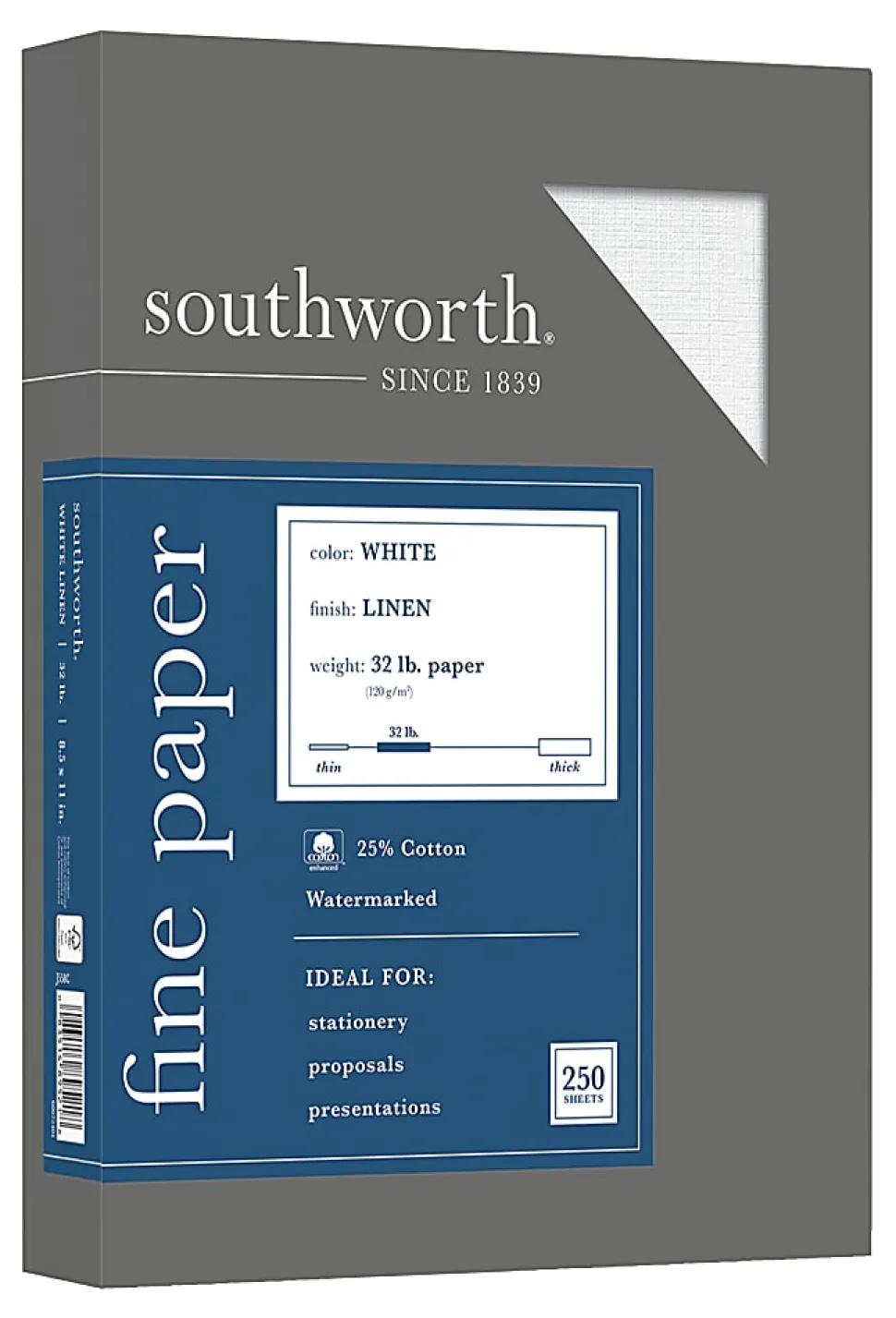 Southworth® Cotton Linen Business Multi-Use Printer & Copy Paper, White, Letter (8.5" x 11"), 250 Sheets Per Pack, 32 Lb, 92 Brightness