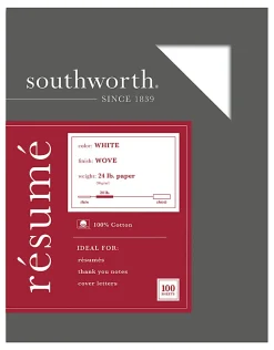 Southworth® 100% Cotton Résumé Paper, 8 1/2" x 11", 24 Lb, 100% Recycled, White, Pack Of 100