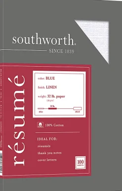 Southworth® 100% Cotton Résumé Paper, 8 1/2" x 11", 32 Lb, 100% Recycled, Blue, Pack Of 100
