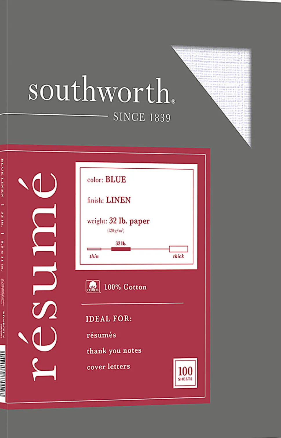 Southworth® 100% Cotton Résumé Paper, 8 1/2" x 11", 32 Lb, 100% Recycled, Blue, Pack Of 100