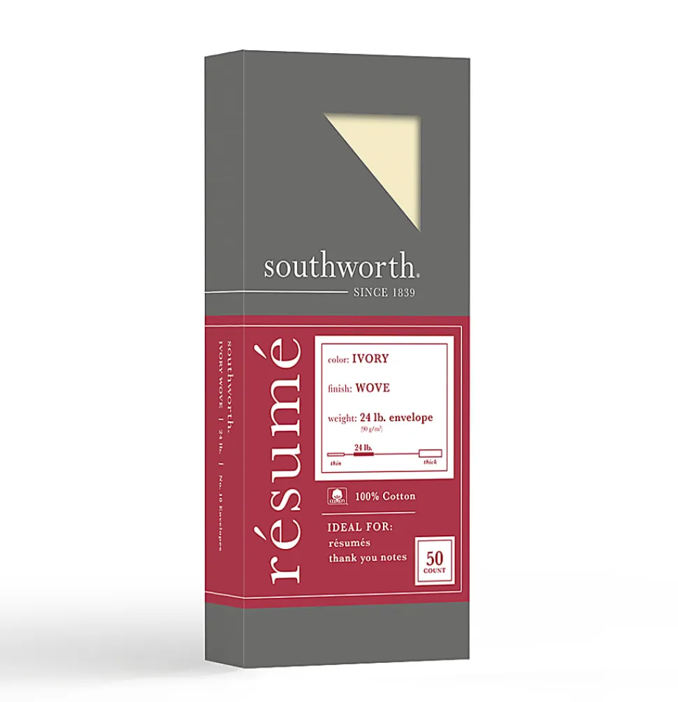 Southworth® #10 Envelopes,100% Cotton, 24 Lb, Gummed Seal, 100% Recycled, Ivory, Pack Of 50