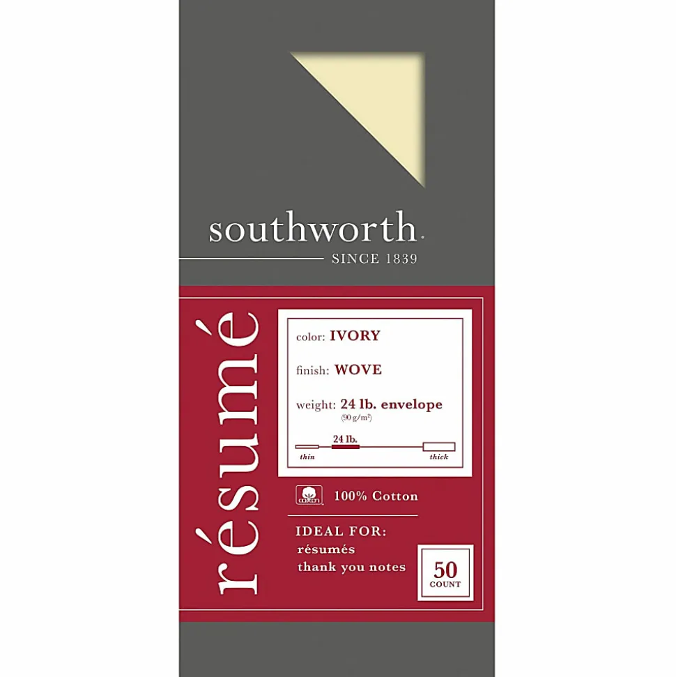 Southworth® #10 Envelopes,100% Cotton, 24 Lb, Gummed Seal, 100% Recycled, Ivory, Pack Of 50