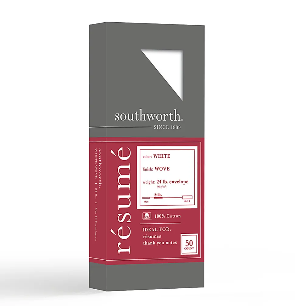 Southworth® #10 Envelopes,100% Cotton, 24 Lb, Gummed Seal, 100% Recycled, White, Pack Of 50