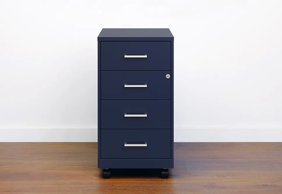 Space Solutions SOHO 18" Deep 4 Drawer Metal Mobile Organizer, 4 Box Drawers, Locking-Navy