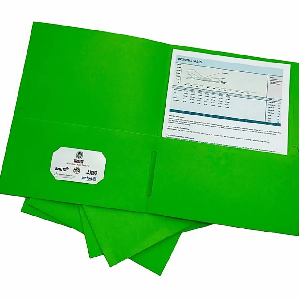 Sparco Letter Pocket Folder - 8 1/2" x 11" - 2 Internal Pocket - Apple Green - 1 Box