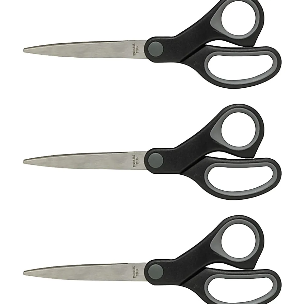 Sparco Straight Scissors w/Rubber Grip Handle - 7" Overall Length - Straight - Stainless Steel - Pointed Tip - Black, Gray - 3 / Bundle