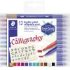 Staedtler Duo-Ended Markers, Calligraphy, 2.0 mm/3.5 mm, Blue Barrels, Assorted Ink Colors, Pack Of 12 Pens