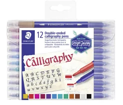 Staedtler Duo-Ended Markers, Calligraphy, 2.0 mm/3.5 mm, Blue Barrels, Assorted Ink Colors, Pack Of 12 Pens