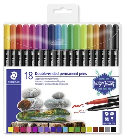 Staedtler Duo-Ended Markers, Fine/Ultra-Fine Points, Black Barrels, Assorted Ink Colors, Pack Of 18 Markers