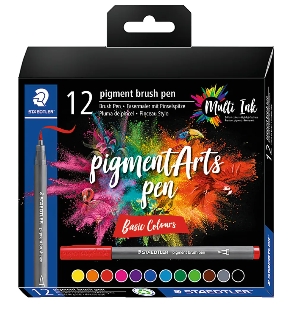 Staedtler Pigment Brush Pens, Basic Colors, Set Of 12 Pens