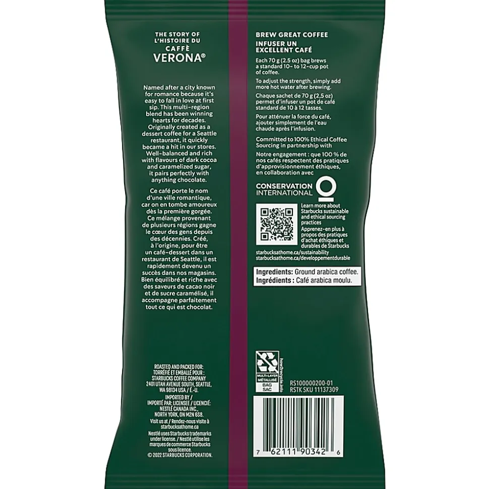 Starbucks® Caffé Verona Ground Coffee, Dark Roast, 2.5 Oz Per Bag, Box Of 18 Packets