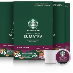 Starbucks K-Cup Sumatra Blend Coffee, Dark Roast, 24 Pods Per Case, Carton Of 4 Cases