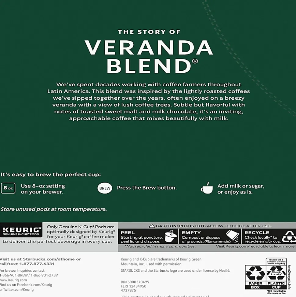Starbucks® K-Cup Veranda Blend Coffee - Compatible with Keurig Brewer - Light - K-Cup - Veranda Blend - 24/Box - 4 / Carton