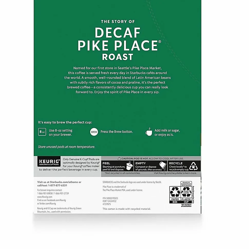 Starbucks® Pike Place Single-Serve Coffee K-Cup®, Decaffeinated, Carton Of 24