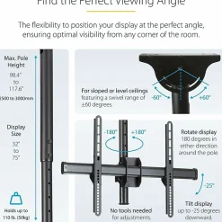 StarTech.com Ceiling TV Mount For 32 to 75" TVs, 8.2' to 9.8' Long Pole