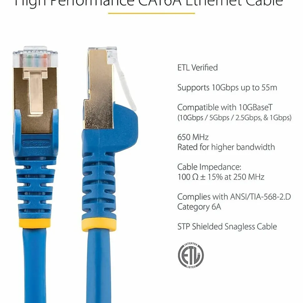 StarTech.com 6 ft CAT6a Ethernet Cable - 10 Gigabit Category 6a Shielded Snagless RJ45 100W PoE Patch Cord - 10GbE Blue UL/TIA Certified