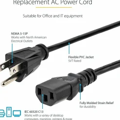 StarTech.com 12ft (3.6m) Computer Power Cord, NEMA 5-15P to C13, 10A 125V 18AWG, Black Replacement AC PC Power Cord TV/Monitor Power Cable