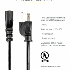 StarTech.com 12ft (3.6m) Computer Power Cord, NEMA 5-15P to C13, 10A 125V 18AWG, Black Replacement AC PC Power Cord TV/Monitor Power Cable